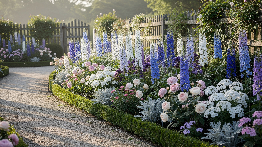 Иллюстрация: Красивые сочетания дельфиниум в клумбе