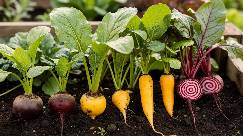 Разрезанные пополам корнеплоды разных сортов свёклы на столе