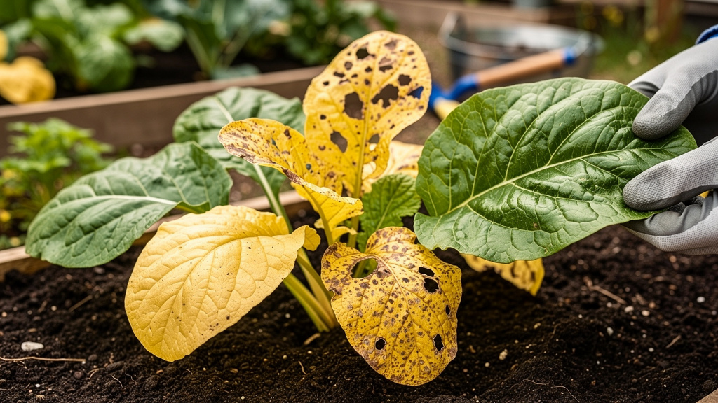 Крупный план жёлтых листьев свёклы с коричневыми пятнами