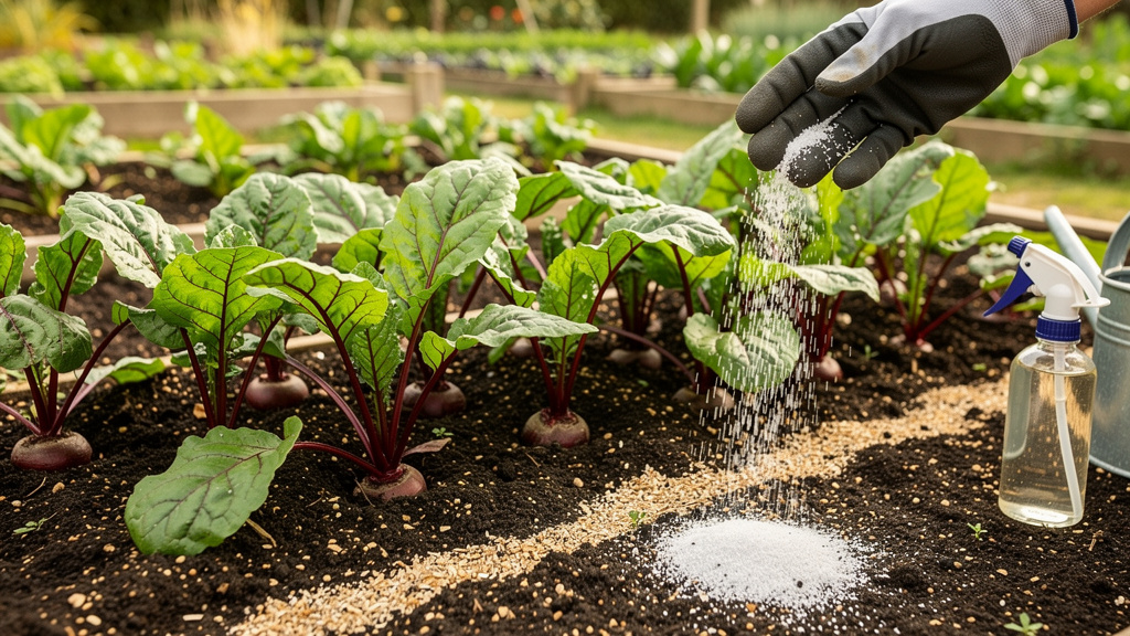 Ведро с раствором золы, лейка и грядка свёклы на заднем плане