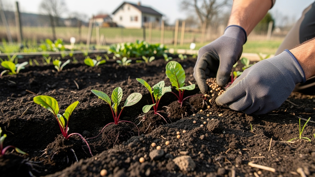 Только что посеянная свёклой грядка с натянутой бечёвкой-маркером рядов