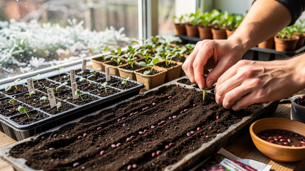 Молодая рассада свёклы в кассетах на подоконнике