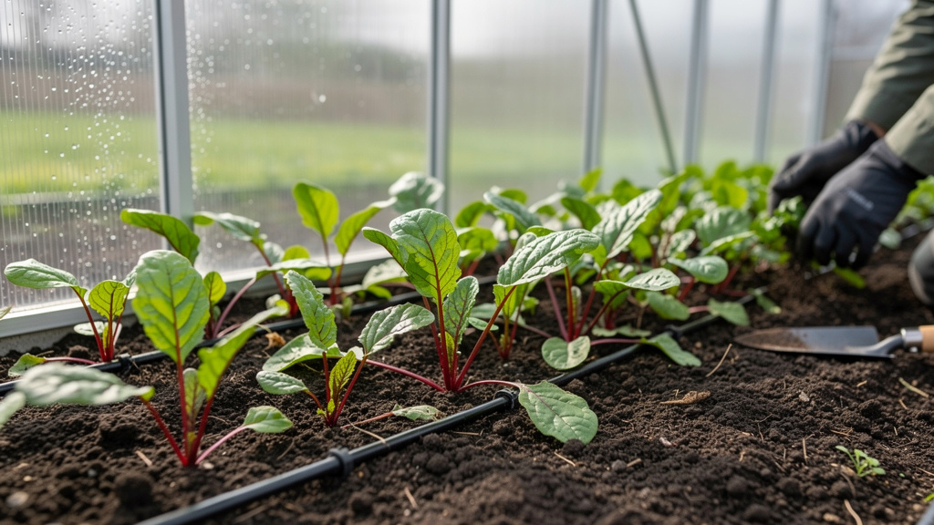 Грядка свёклы в теплице, молодая ботва под плёнкой