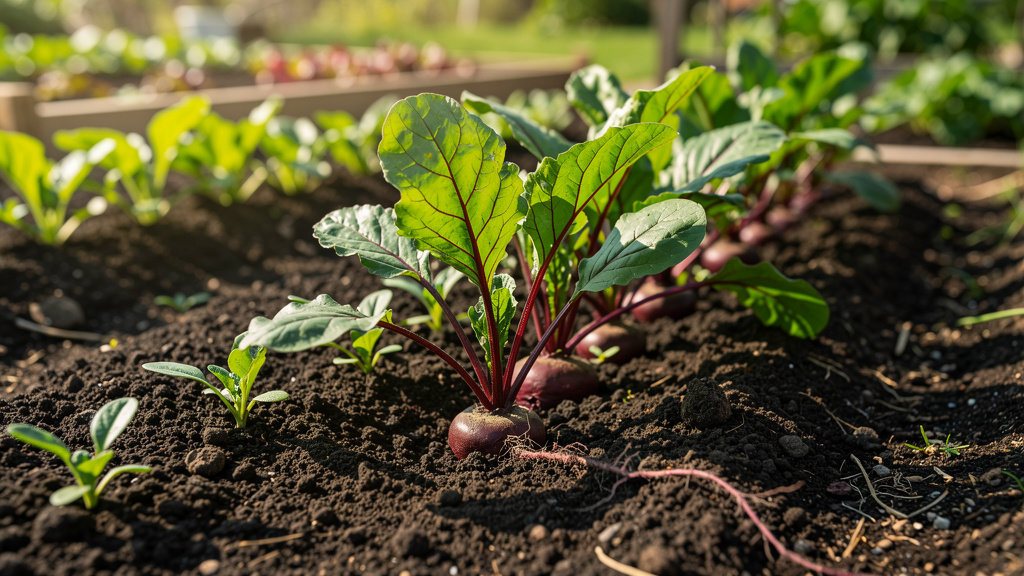 Ровные ряды свёклы с крупной зелёно-красной ботвой на грядке
