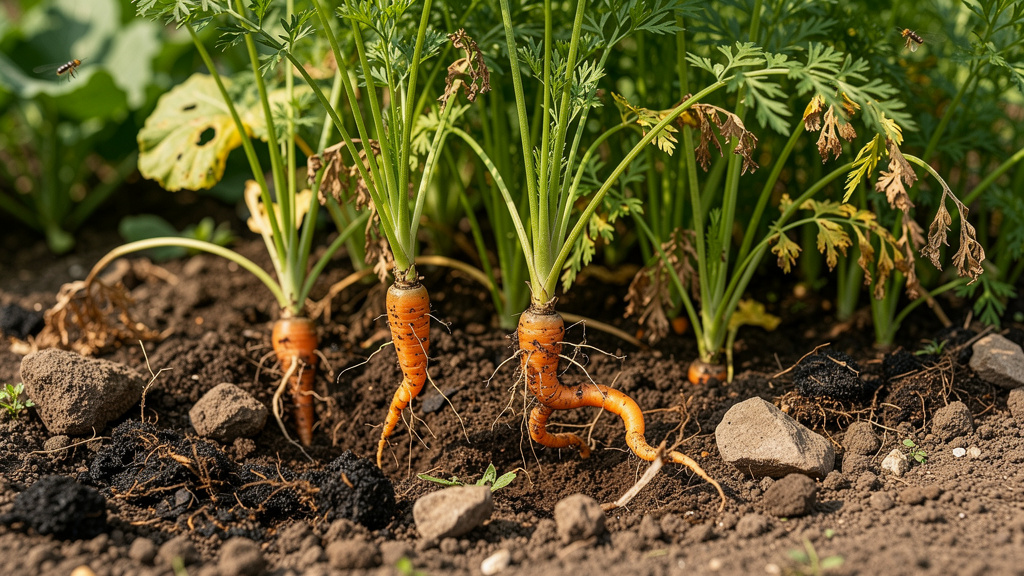 Мелкая кривая морковь и рядом крупная ровная для сравнения