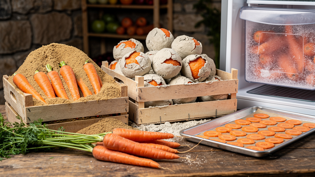 Деревянный ящик с морковью, пересыпанной влажным песком, в погребе