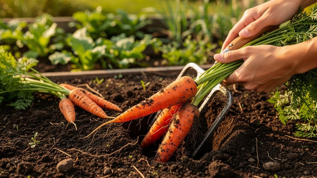 Морковь с зелёной ботвой на грядке, часть корнеплодов уже выкопана
