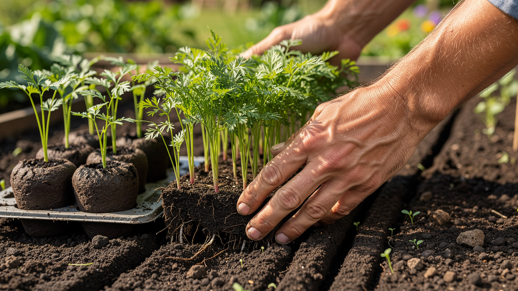 Торфяные таблетки с ростками моркови на подоконнике