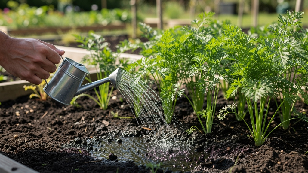 Лейка с рассеивателем над рядом моркови с зелёной ботвой