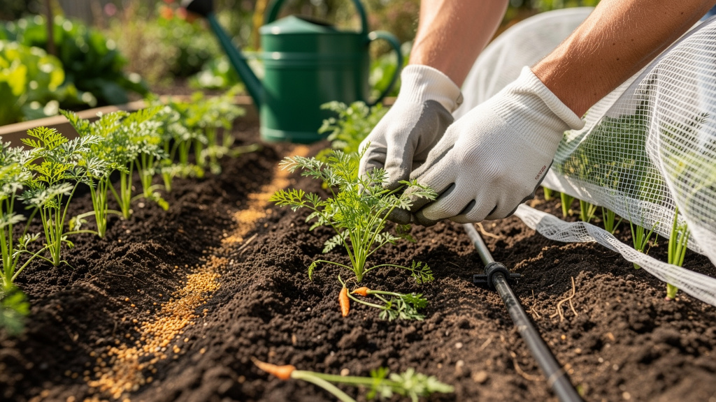 Молодые всходы моркови с мелкой ботвой в прореживании
