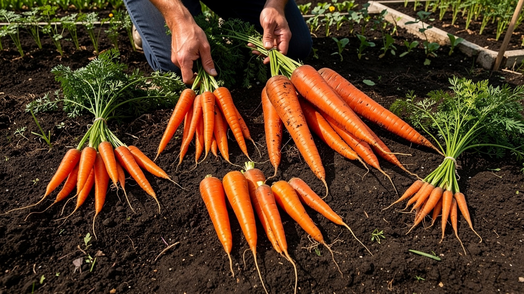 Пучки свежевыкопанной моркови разных сортов на деревянном столе
