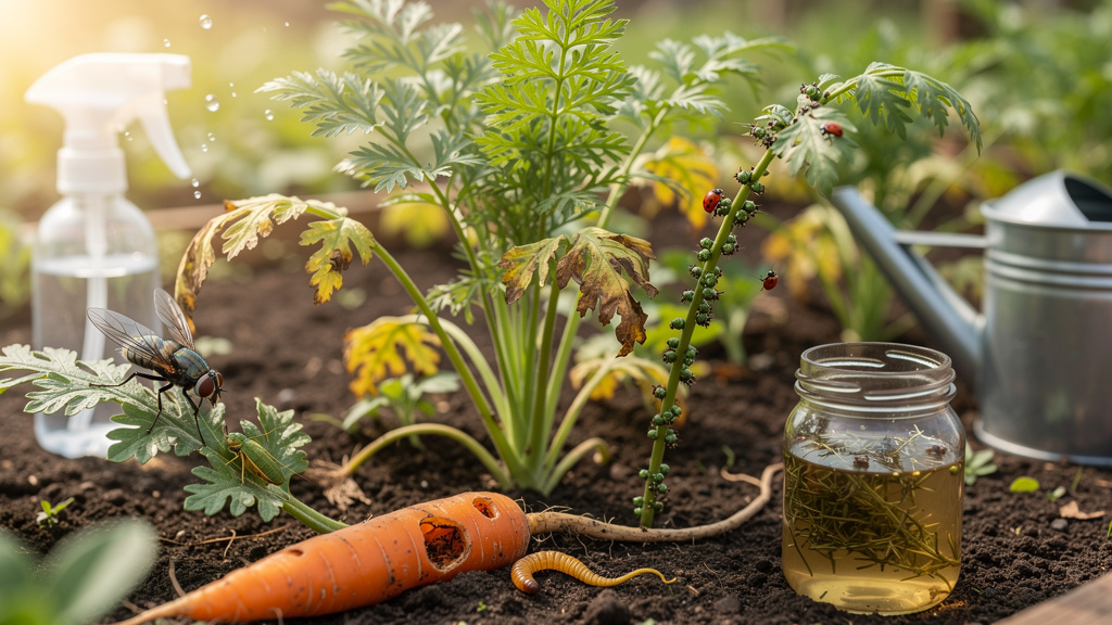 Пойманная на листе морковная муха