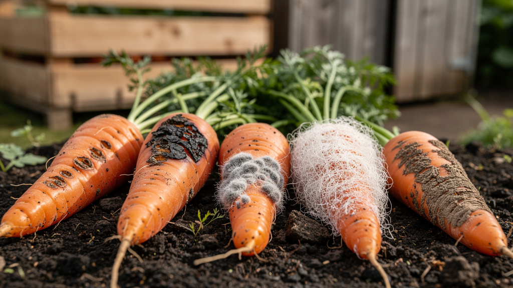 Корнеплод моркови с признаками гнили при хранении