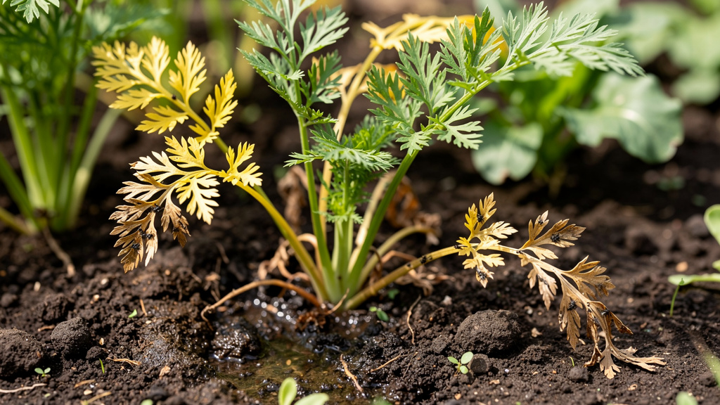 Грядка моркови с частично пожелтевшими и покрасневшими листьями