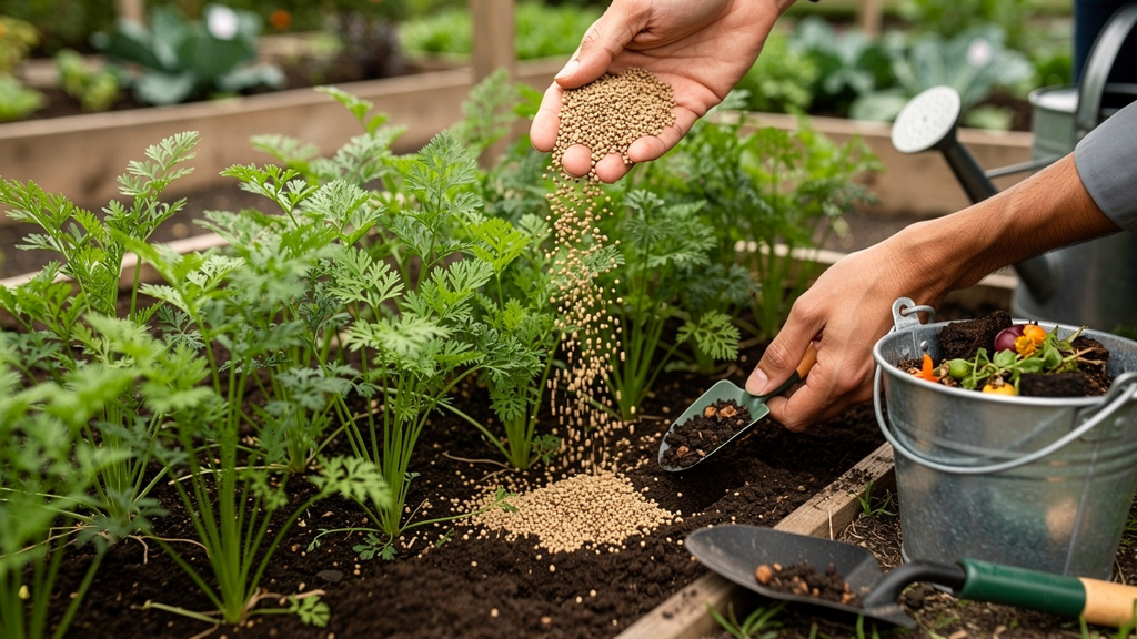 Зольная подкормка на грядке моркови