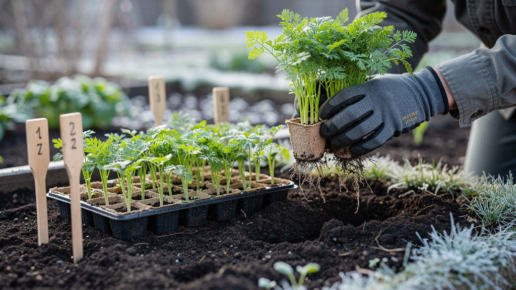 Сеянцы моркови в торфяных таблетках на окне