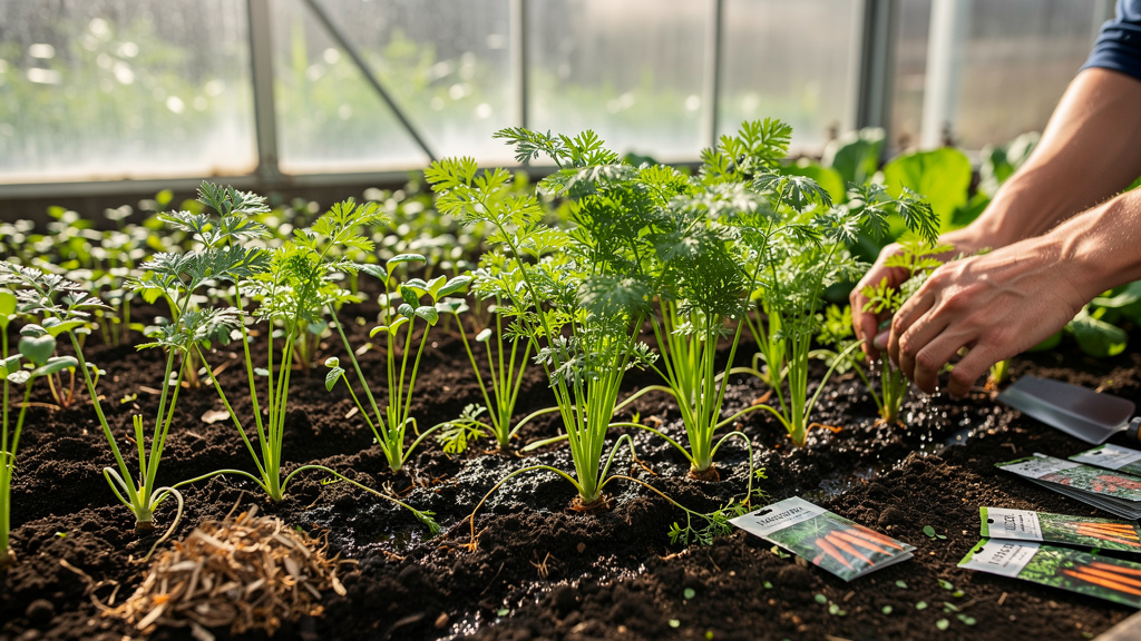 Ряды моркови в просторной поликарбонатной теплице
