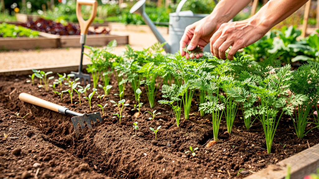 Ровные ряды моркови с пышной ботвой на грядке