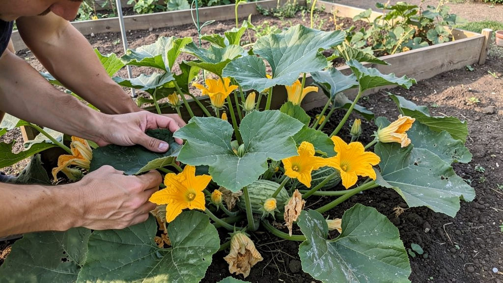 Пышный куст тыквы с жёлтыми цветами, но без видимых завязей