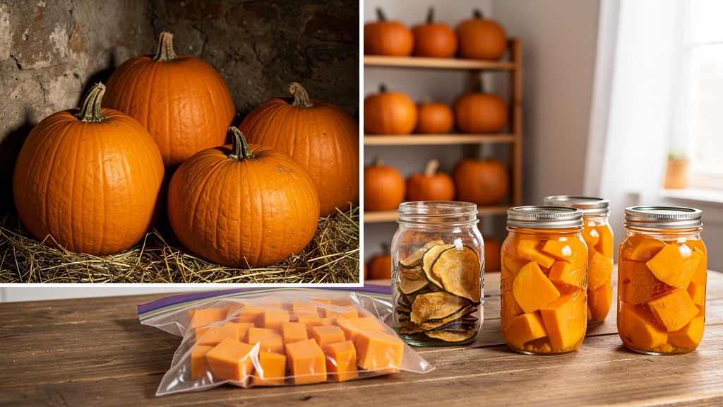 Тыквы сложены на деревянных полках в погребе для зимнего хранения