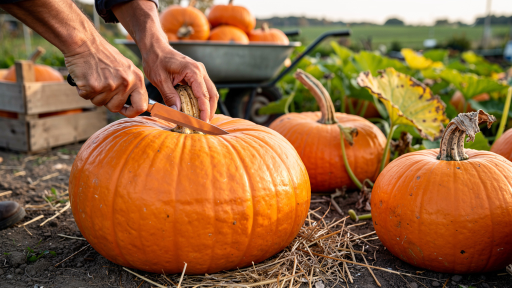 Спелые тыквы срезаны и сложены на грядке для подсушки