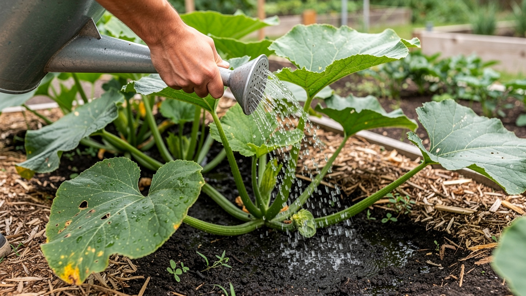 Полив тыквы из лейки под корень тёплой водой