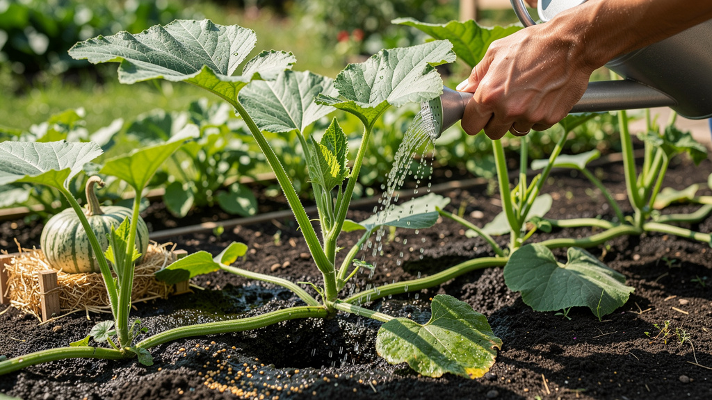 Молодой куст тыквы с мульчей из соломы вокруг основания