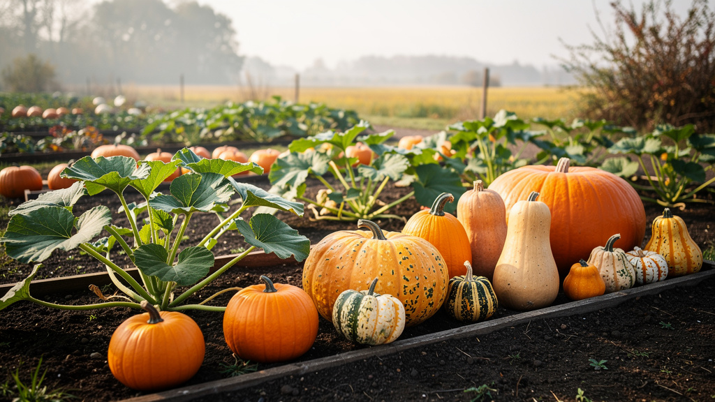 Разнообразие тыкв на столе — разные цвета, размеры, формы