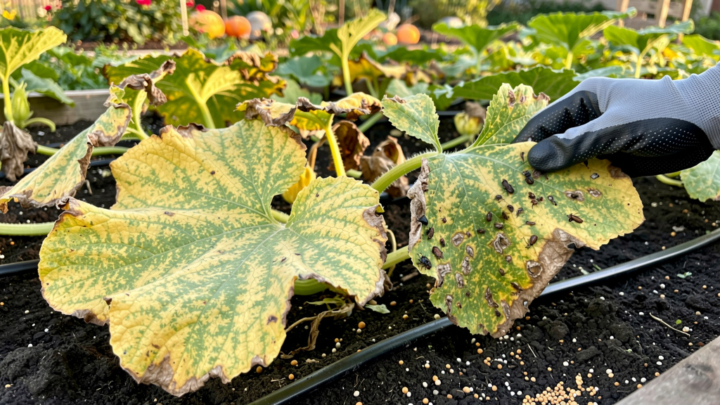 Частично пожелтевшие листья на плети тыквы