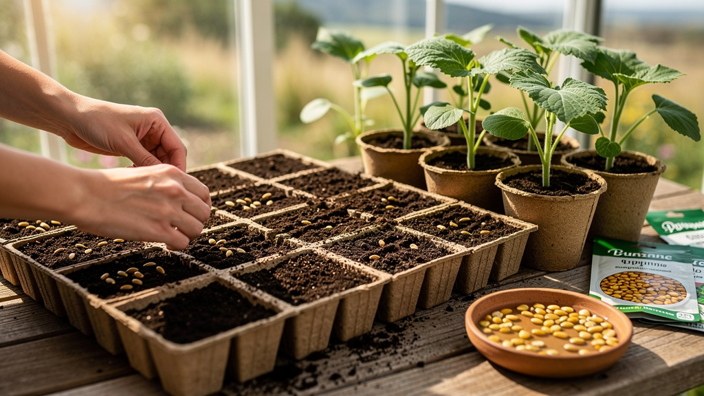 Сеянцы тыквы в больших торфяных горшочках на подоконнике