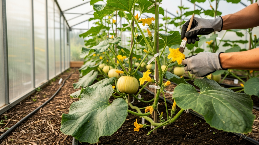 Плети тыквы на вертикальной шпалере в теплице