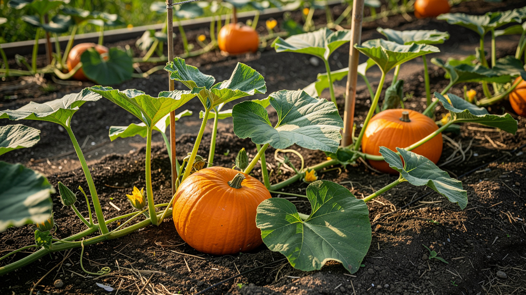 Куст тыквы с крупными оранжевыми плодами на грядке