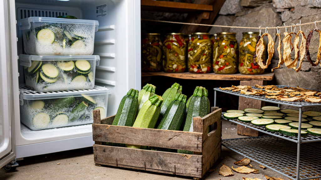 Крупные зрелые кабачки на стеллажах в погребе