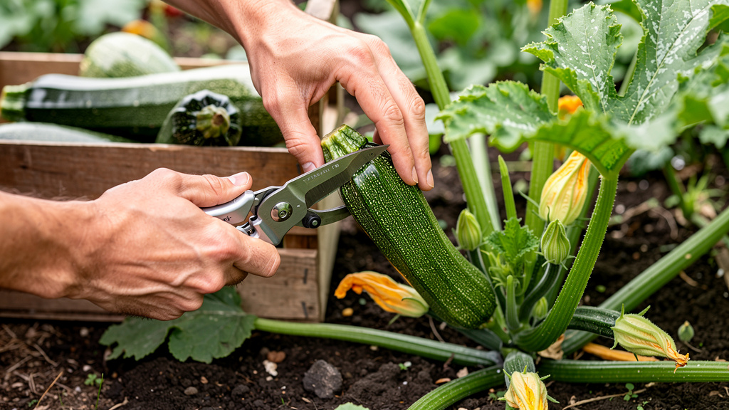 Аккуратный срез кабачка секатором с плодоножкой 3 см