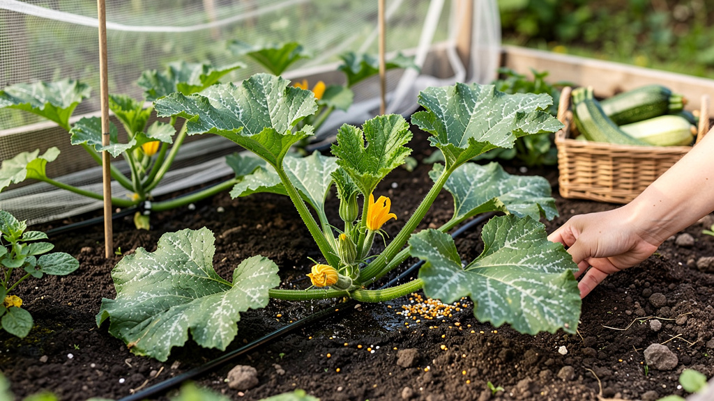 Взрослый куст кабачка с крупной листвой и плодами