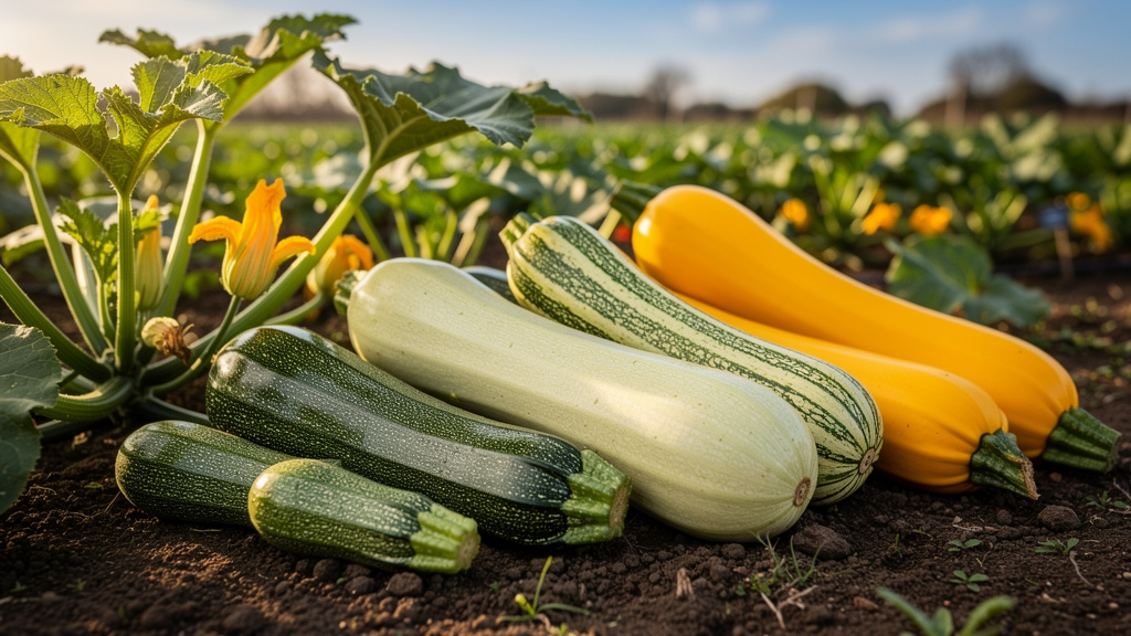 Разные сорта кабачков на столе: белые, жёлтые, зелёные цукини