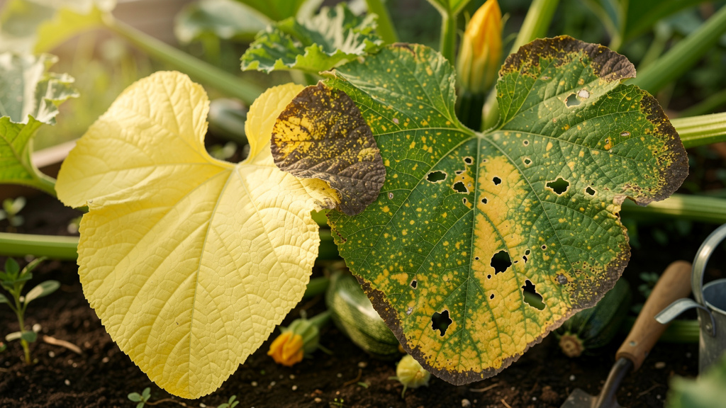 Жёлтые листья кабачка снизу куста с пятнами