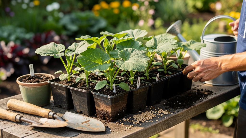 Рассада кабачков в торфяных стаканчиках на подоконнике