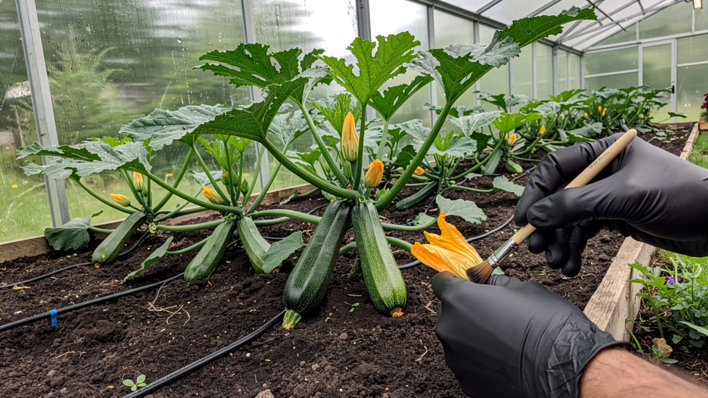 Куст кабачка в теплице, рядом с томатами