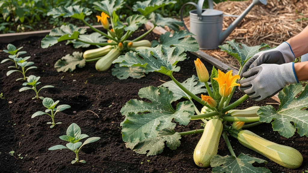 Куст кабачков с молодыми плодами в открытом грунте