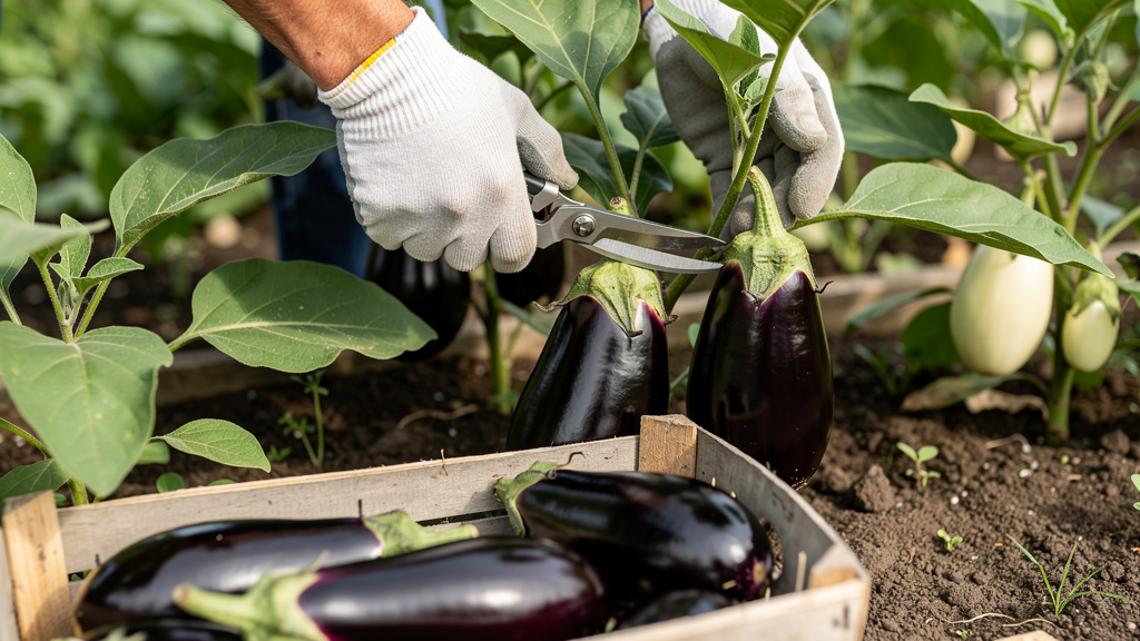 Созревший баклажан на кусте, рядом секатор для сбора
