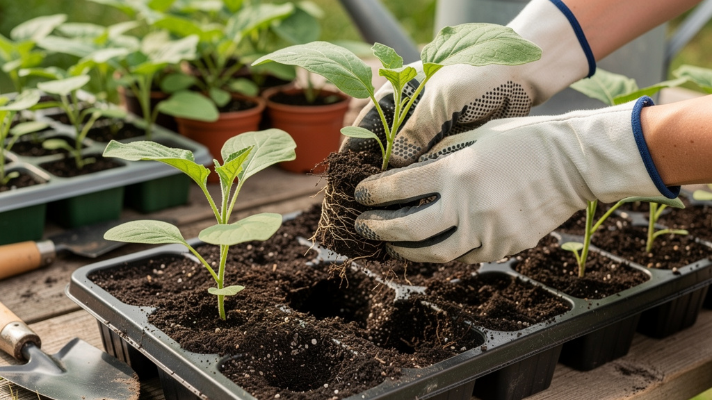 Рассада баклажан после пикировки в отдельных стаканчиках