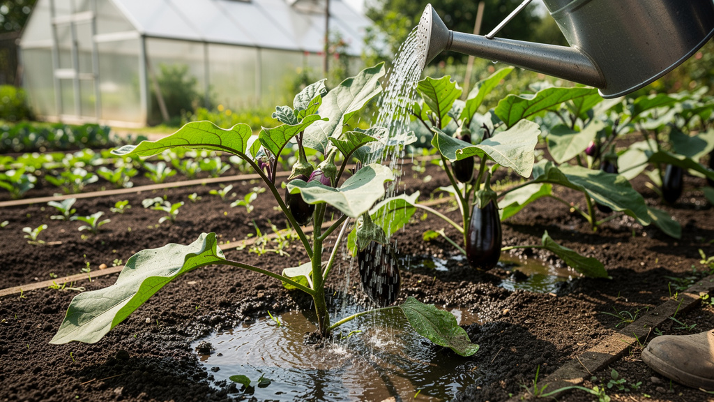 Капельный полив баклажанов в теплице, тонкие шланги вдоль рядов