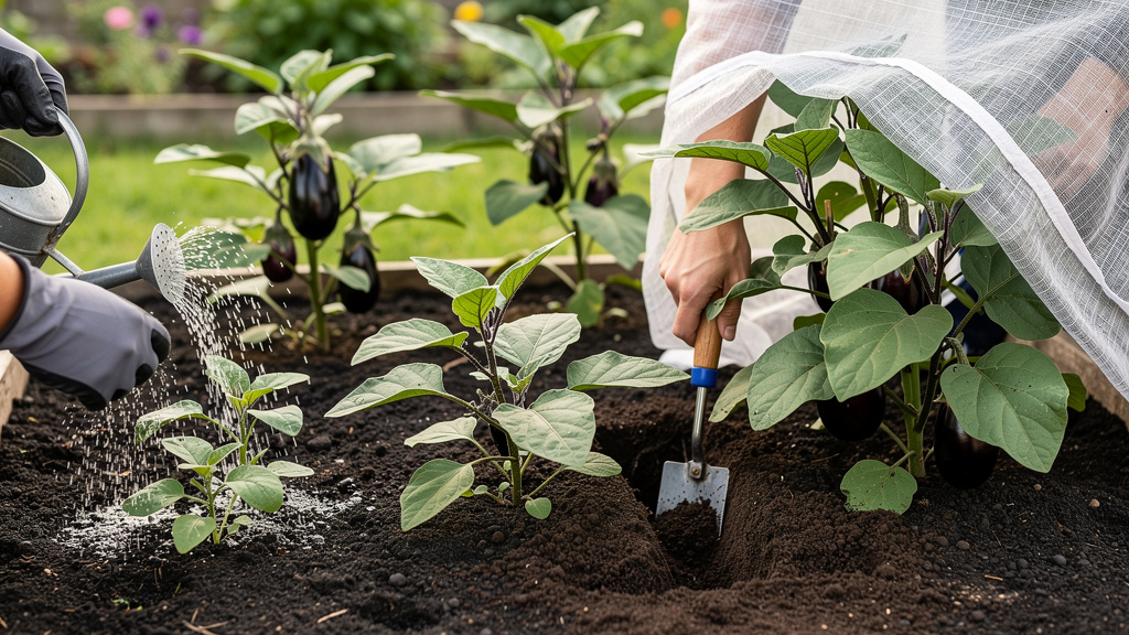 Взрослый куст баклажана с сформированными плодами на грядке