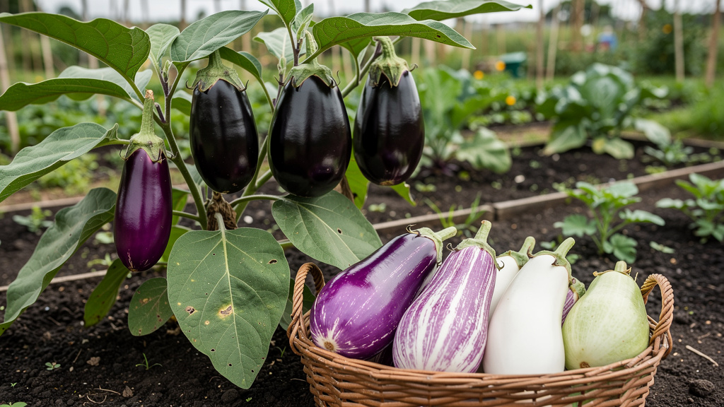 Разные сорта баклажан на столе: фиолетовые, белые, полосатые