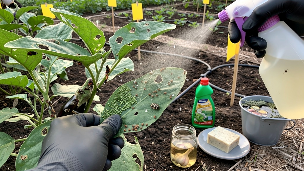 Колорадский жук на листе баклажана, рядом личинки