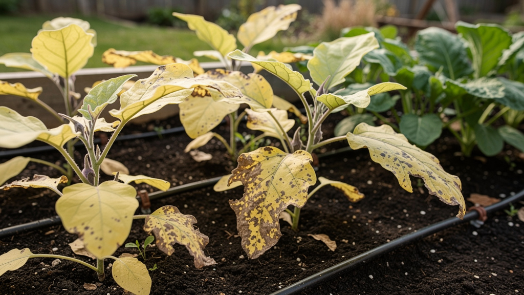Жёлтые листья баклажана крупным планом, признаки хлороза