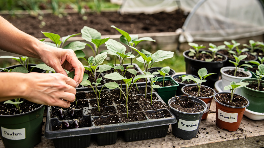 Иллюстрация: Рассада баклажанов в стаканчиках на подоконнике