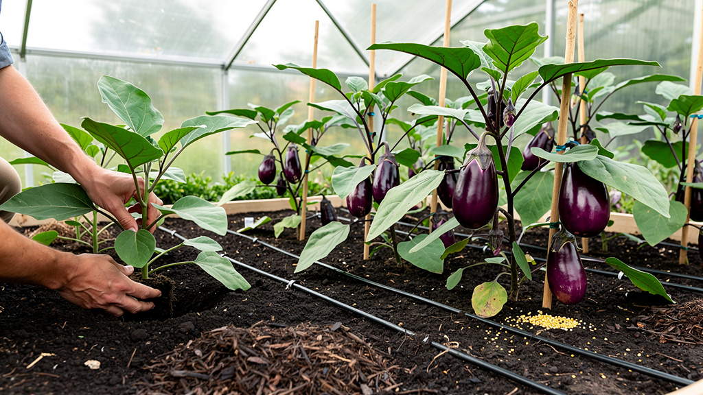 Иллюстрация: Ряд баклажанов в теплице с темно-фиолетовыми плодами
