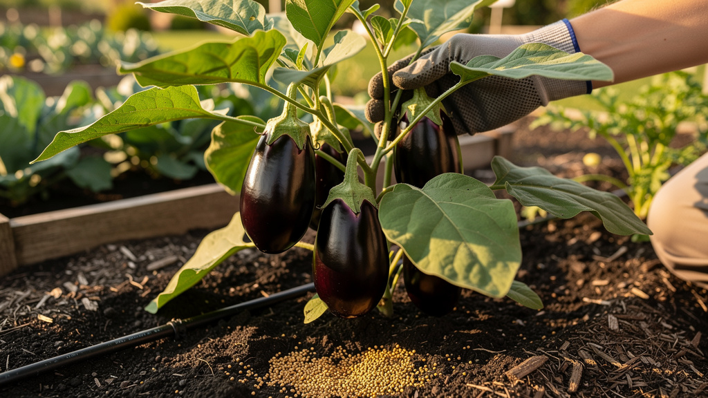 Иллюстрация: Куст баклажана с плодами в открытом грунте